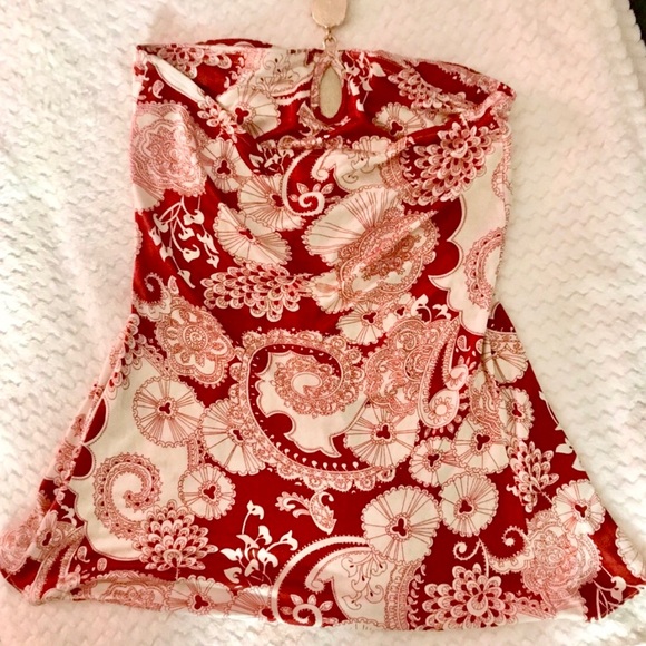 1 Sky Brand Red and White Paisley Print Bling Chain Halter Top Size Small ❤️✨ - Picture 8 of 8
